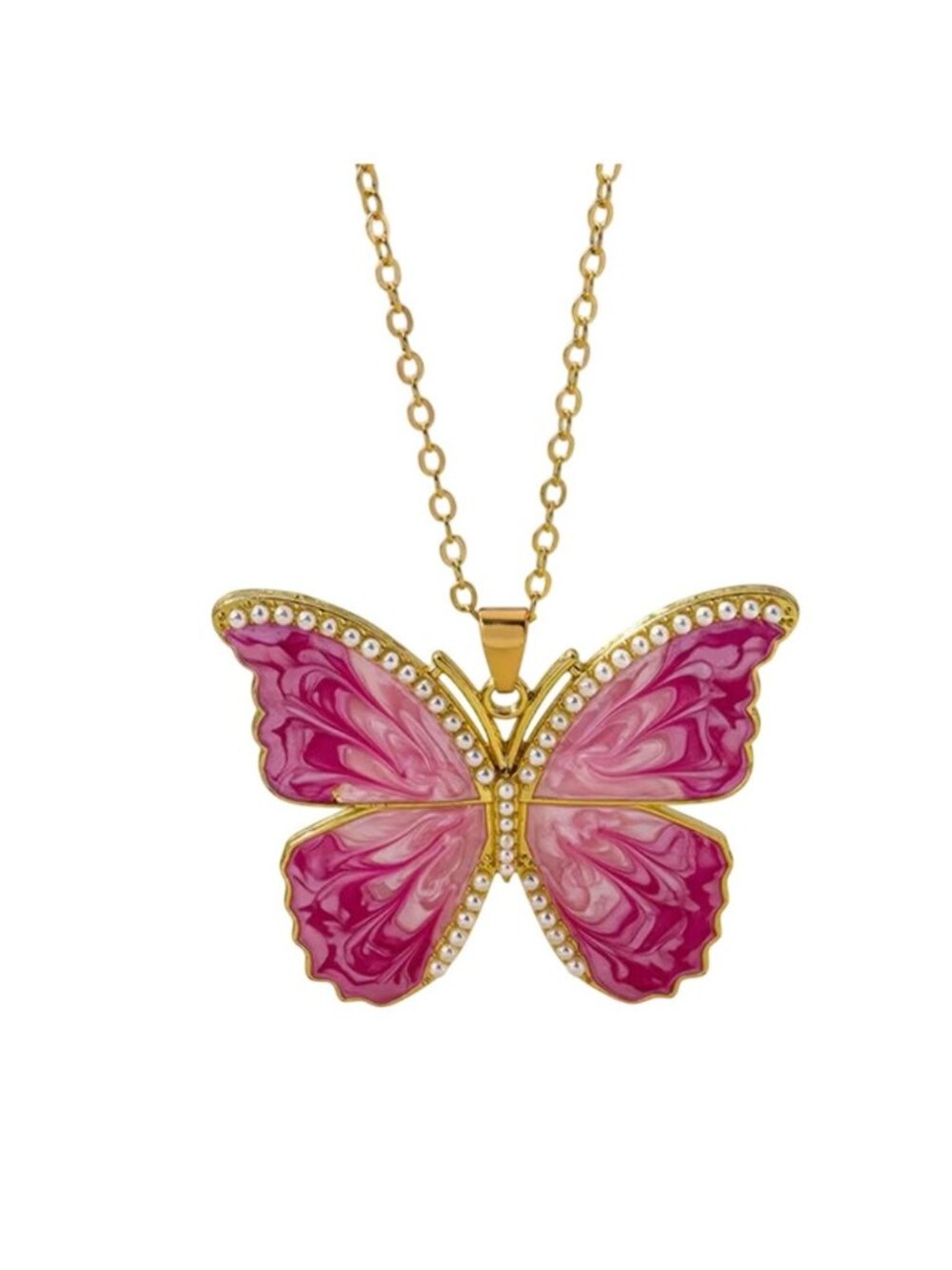 Butterfly Pendant Necklace Gold-Tone With Pink Enamel & Rhinestones Inches